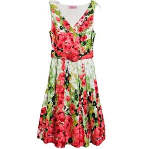 Eliza J Red Garden Floral Retro Inspired Sleeveless Belted Dress with Pockets